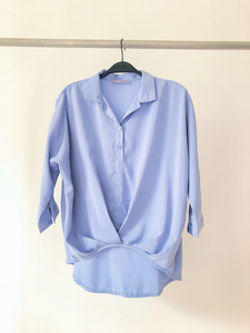 韩版慵懒气质垂感衬衫下摆交叉前短后长蓝色套头休闲衬衣上衣