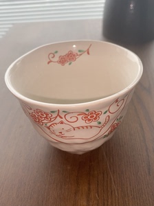 美浓烧 日本瓷器 赤绘 手绘 樱花猫 水杯 茶杯