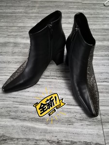 广州高端女鞋秋冬新款进口羊皮拼接水钻高跟(跟高约7cm)短靴
