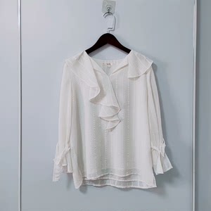 Roem罗燕商场专柜正品 白色优雅甜美设计感雪纺七分袖衬衣青