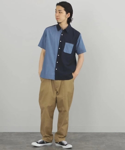 日系男士BMS棉麻短袖衬衫夏季薄款牛仔拼接个性T恤帅气蓝色B