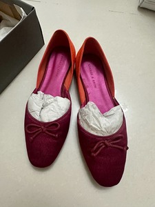 小ck平底绸缎单鞋橘色玫粉色拼色 超级惹眼35码 购于北京朝