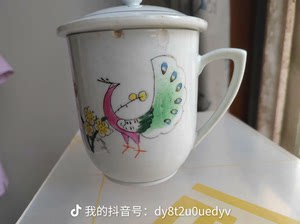 景德镇陶瓷办公杯子，正面画了一一枝黄色腊梅花和一只站立的孔雀