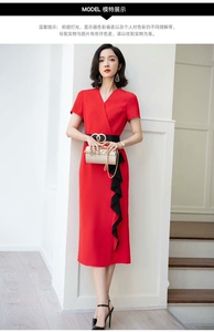 心语泉夏季新款时尚短袖V领连衣裙气质拼接红色中长裙名媛女裙潮