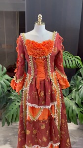 橙色法式宫廷风大长款重工洛丽塔长裙，麻料的很厚重春秋穿，很长