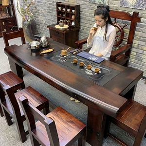 老船木茶桌椅组合中式实木功夫茶几方形家用茶台整装乌金石全自动