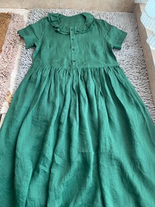 全新苎麻复古高腰大摆连衣裙，祖母绿色，阴天拍摄图片有些偏色，