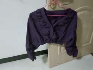 紫色短款上衣袖子有褶皱，是很洋气的小款