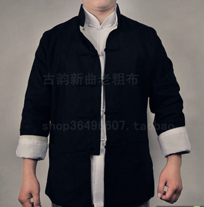 纯棉粗布男式中式立领双层长袖唐装土布衬衫外套上衣有加肥加大码