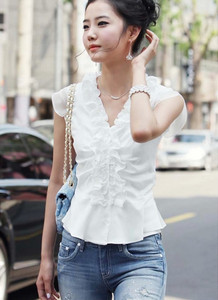 2015夏装新款OL雪纺V领短袖衬衫韩版无袖女修身上衣荷叶边t恤女装