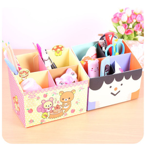 多米小熊♥纸质桌面收纳盒 创意diy四格笔筒 化妆品文具整理盒