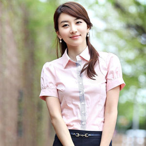 2019韩版修身显瘦女装 职业装 衬衣女 白色短袖衬衫 条纹衬衫