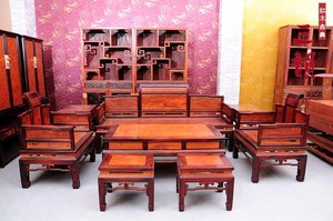 红木古典家具/中式仿古实木沙发/红酸枝框樱瘤面板 明式沙发8件套