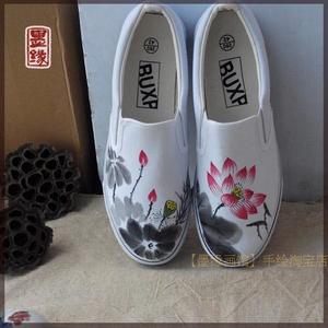荷塘月色 水墨手绘鞋子成熟女士荷花中国风手绘帆布鞋 一脚蹬莲花