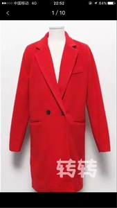 韩国代购 秋冬 女装 男友风宽松直筒红色毛呢大衣外套质地厚实