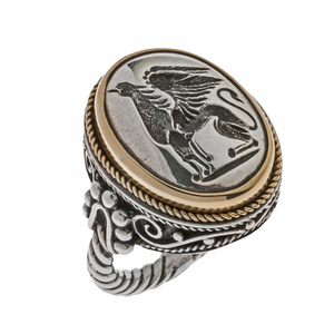 希腊代购手工定制珠宝狮鹫Griffin925纯银22K黄金椭圆戒指