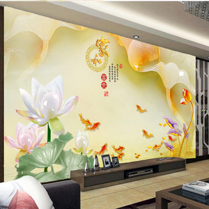 电视背景墙壁纸浮雕8d立体玉雕墙纸荷花牡丹中式客厅无缝大型壁画