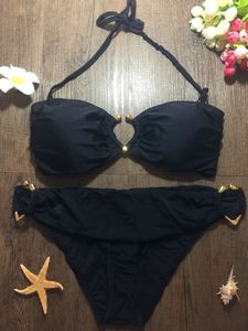 外贸原单心形金属圈装饰纯黑色抹胸泳衣泳装比坚尼比基尼bikini。