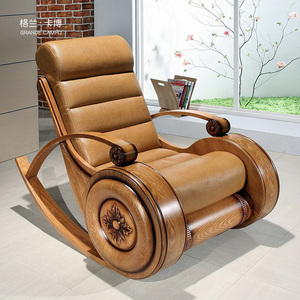 格兰卡博美式实木摇椅欧式躺椅手工雕刻休闲椅头层牛皮午睡沙发椅