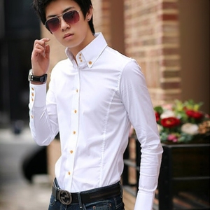 韩版修身高领衬衫男长袖潮流帅气时尚青年休闲衬衣男生白色衬衫