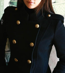 2018韩版时尚军装双排扣肩章修身呢外套中长款立领羊绒大衣女冬季