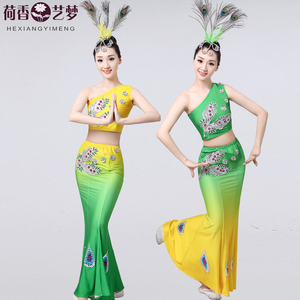 新款成人傣族舞蹈服装演出服女包臀长款鱼尾裙葫芦丝孔雀舞表演服