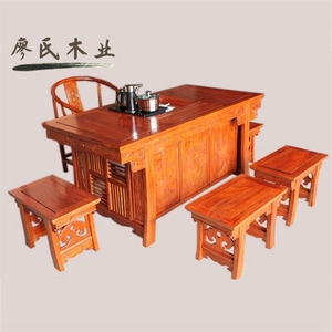 明清仿古实木中式茶桌 将军台功夫茶桌茶桌椅组合电磁炉茶台榆木