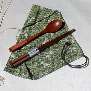 出口日本筷子勺子餐具布袋三件套便携餐具日式木制勺筷套装公筷