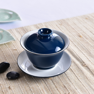 特色霁蓝釉陶瓷功夫茶具三才盖碗大号茶碗景德镇手工敬茶碗泡茶碗