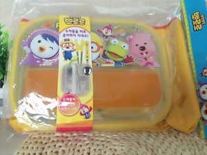 pororo啵乐乐韩国进口餐具儿童不锈钢分隔餐盘卡通套装饭盒便当盒