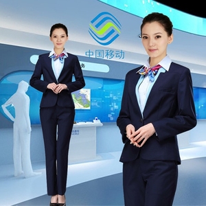 2018年女长袖外套长裤竖条纹中国移动工作服公司春秋马甲宝蓝色