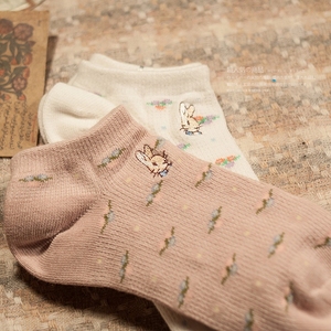 夏季日系薄款刺绣卡通棉质隐形船袜可爱复古碎花网纹透气女短袜子