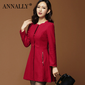 ANNALLY红色冬装新款优雅气质OL修身显瘦纯色毛呢中长款女式外套Z