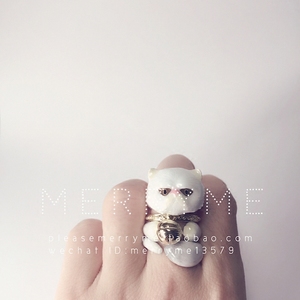 merryme泰国原创可爱白色招财猫铃铛三/四件套戒指 l 大脸猫戒指