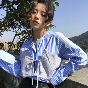 韩版chic风气质百搭系带假两件大袖子条纹衬衫上衣女春夏阔袖衬衣