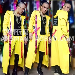 男歌手男DJ权志龙GD同款黄色嘻哈字母布贴背带长款斗篷演出服套装