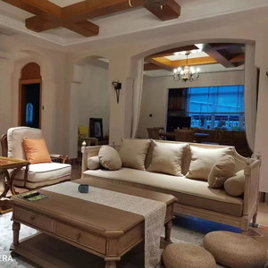 美式实木布艺沙发三人组合小户型客厅法式复古编藤沙发床抽拉两用