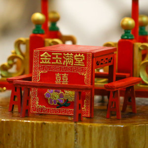 潮汕八仙桌潮州文化特色摆件迷你长椅子配桌裙红色四方桌神桌