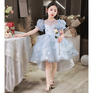 蓝色女童礼服高端轻奢小众儿童公主裙花童婚礼Q小女孩钢琴演出服