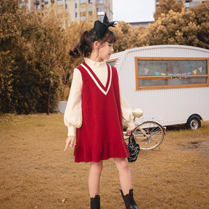 女童连衣裙秋冬季针织红色儿童洋气中长款秋装中大童韩版毛衣裙子