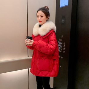 Mealiers超大狐狸毛领羽绒服女2023冬季韩版时尚宽松茧型红色外套