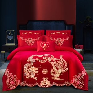 直销大红色婚庆结婚四件套床t上用品1.5m18米床单床裙床罩被套龙