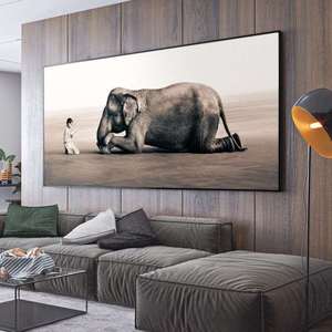 尘与雪大象现代简约客厅装饰画卧室沙发背景墙横板挂画禅意有框画