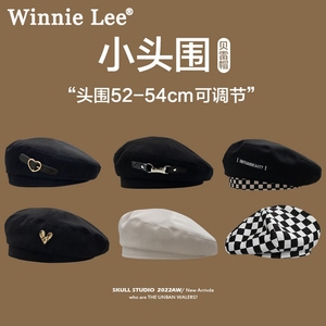 Winnie Lee贝雷帽小头围帽子女海军52xs小号小码扁头小脸春秋黑色