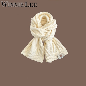 Winnie Lee日系布标麻花针织围巾女冬季保暖白色学生情侣毛线围脖