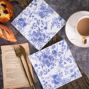 新款经典蓝色青花彩色纸巾 印花餐巾纸 中国风纯木浆纸20张