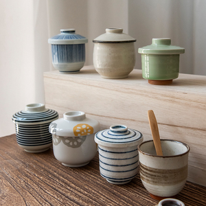 日本进口美浓烧陶瓷带盖茶碗蒸一人食日式蛋盅花卉蓝染隔水蒸蛋碗