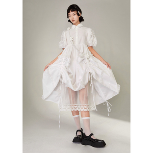 DIDDI原创设计 娃娃领抽皱下摆蕾丝拼接衬衫连衣裙白色裙子中长款