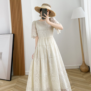 米白色蕾丝连衣裙女2024新款女装夏季法式温柔风短袖长款长裙气质
