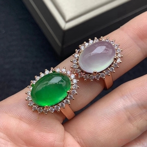 原创设计缅甸天然翡翠玉戒面阳绿色玻璃种18K女金镶嵌冰种戒指